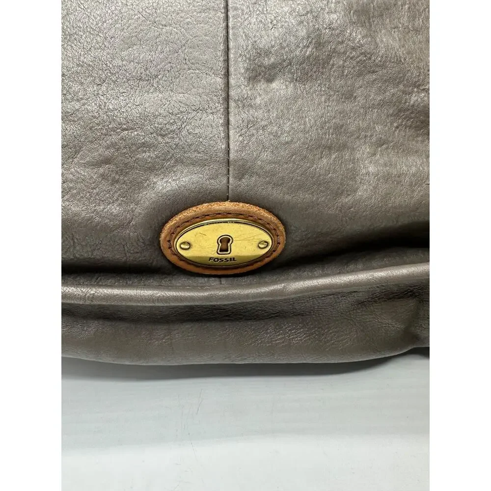Fossil Vintage Issue 54 Gray Messenger Leather Bag Satchel Buckle Career